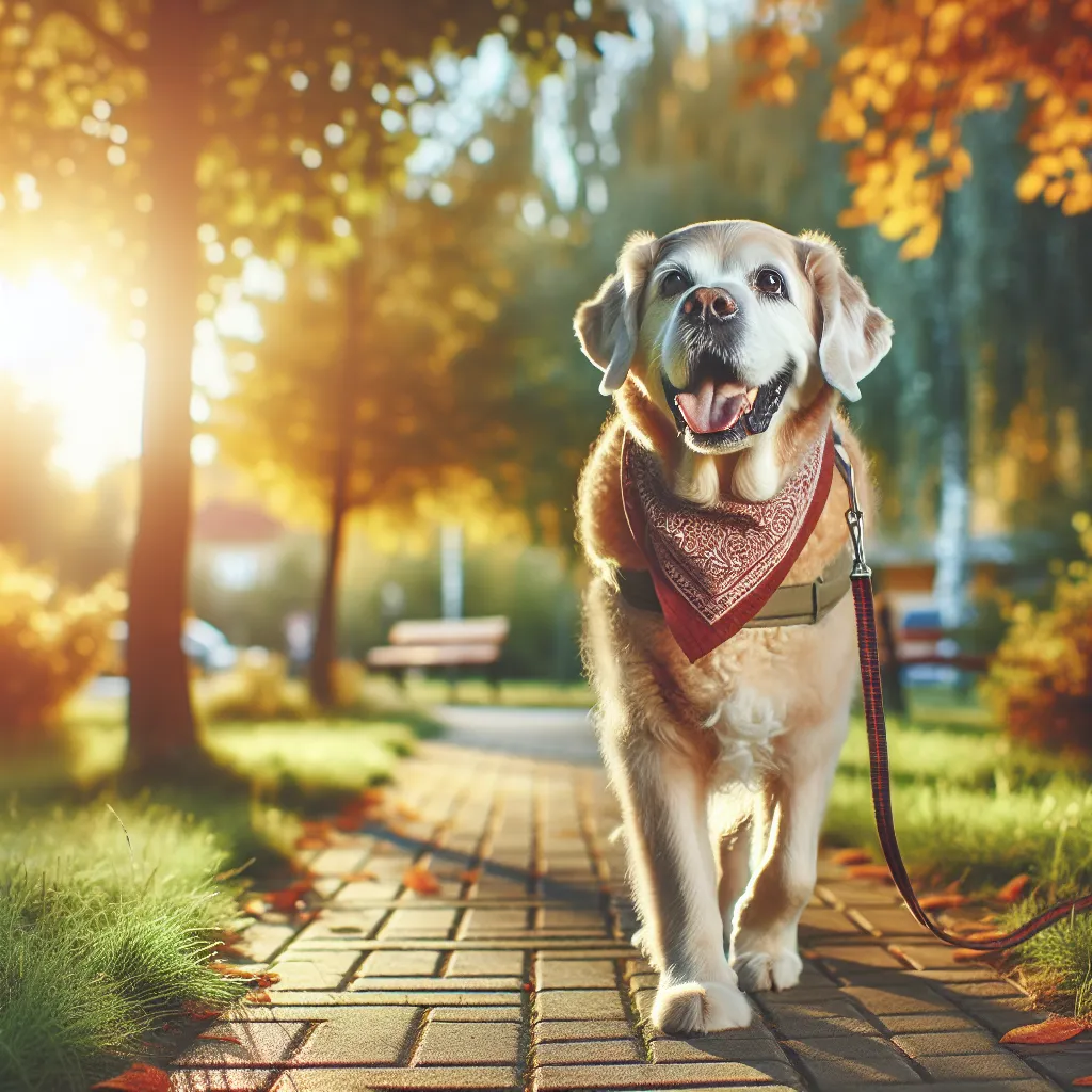 Imagen de un perro mayor disfrutando de un paseo tranquilo en el parque, reflejando cuidados y amor para mascotas de edad avanzada.