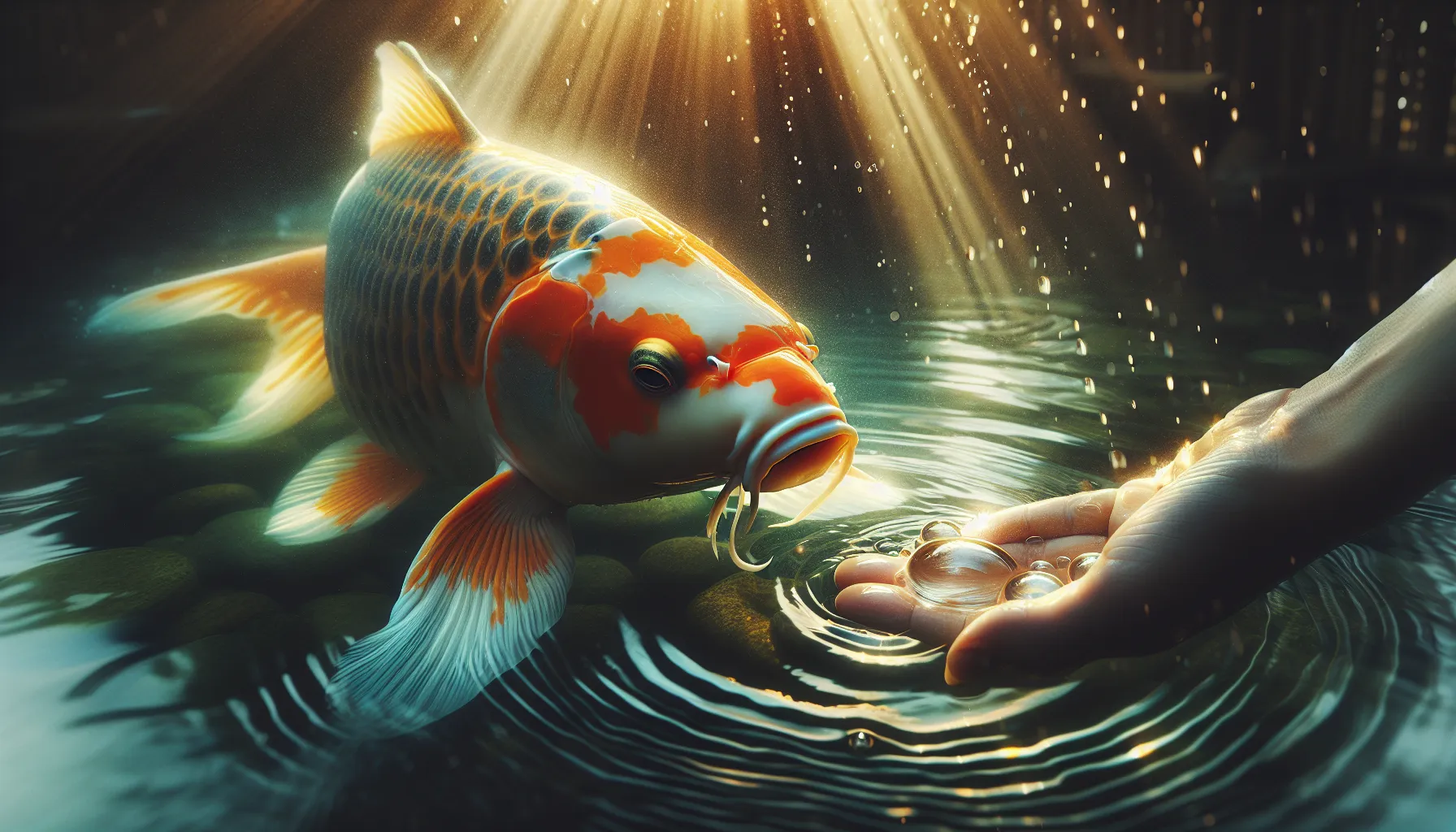 Imagen de un pez Koi nadando en un estanque, simbolizando la perseverancia y la buena suerte en la cultura espiritual.