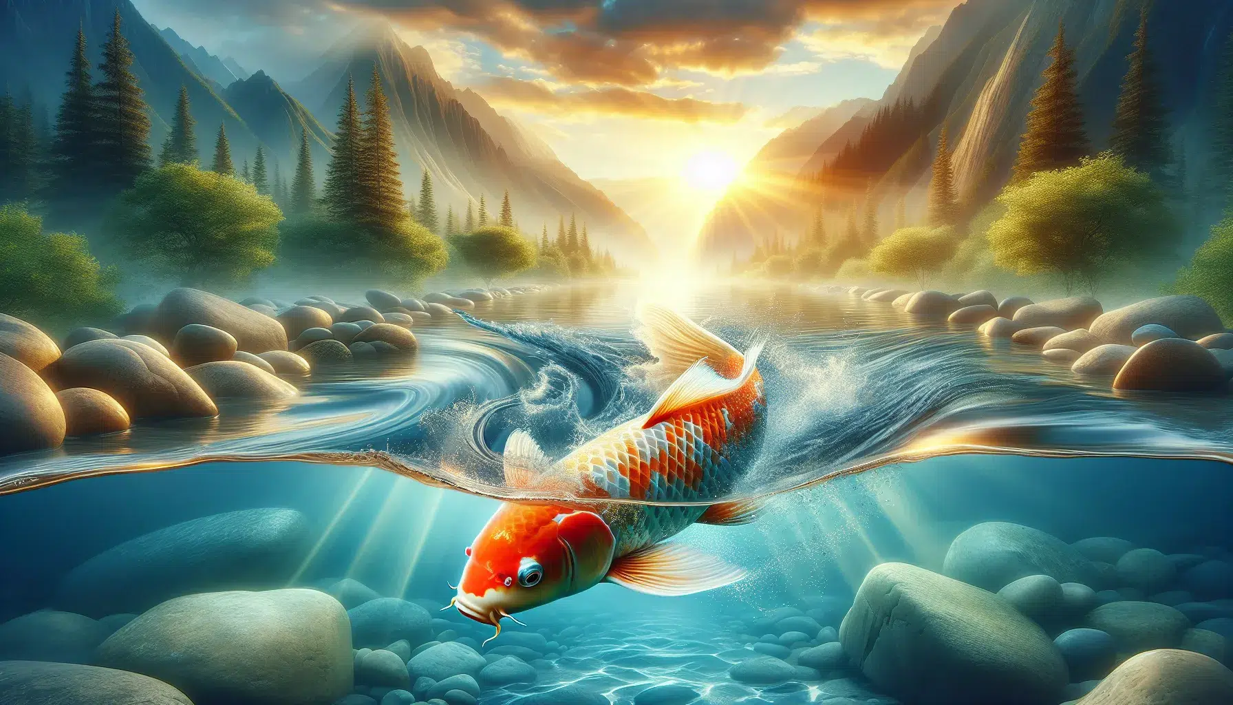 Imagen de un pez Koi nadando en un estanque tranquilo, representando fuerza, perseverancia y transformación en la cultura espiritual.