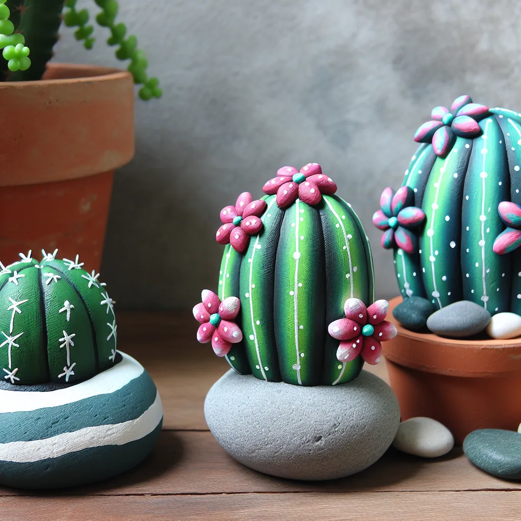 Cactus decorativos hechos de piedras pintadas, una manualidad creativa y divertida para decorar tu hogar.