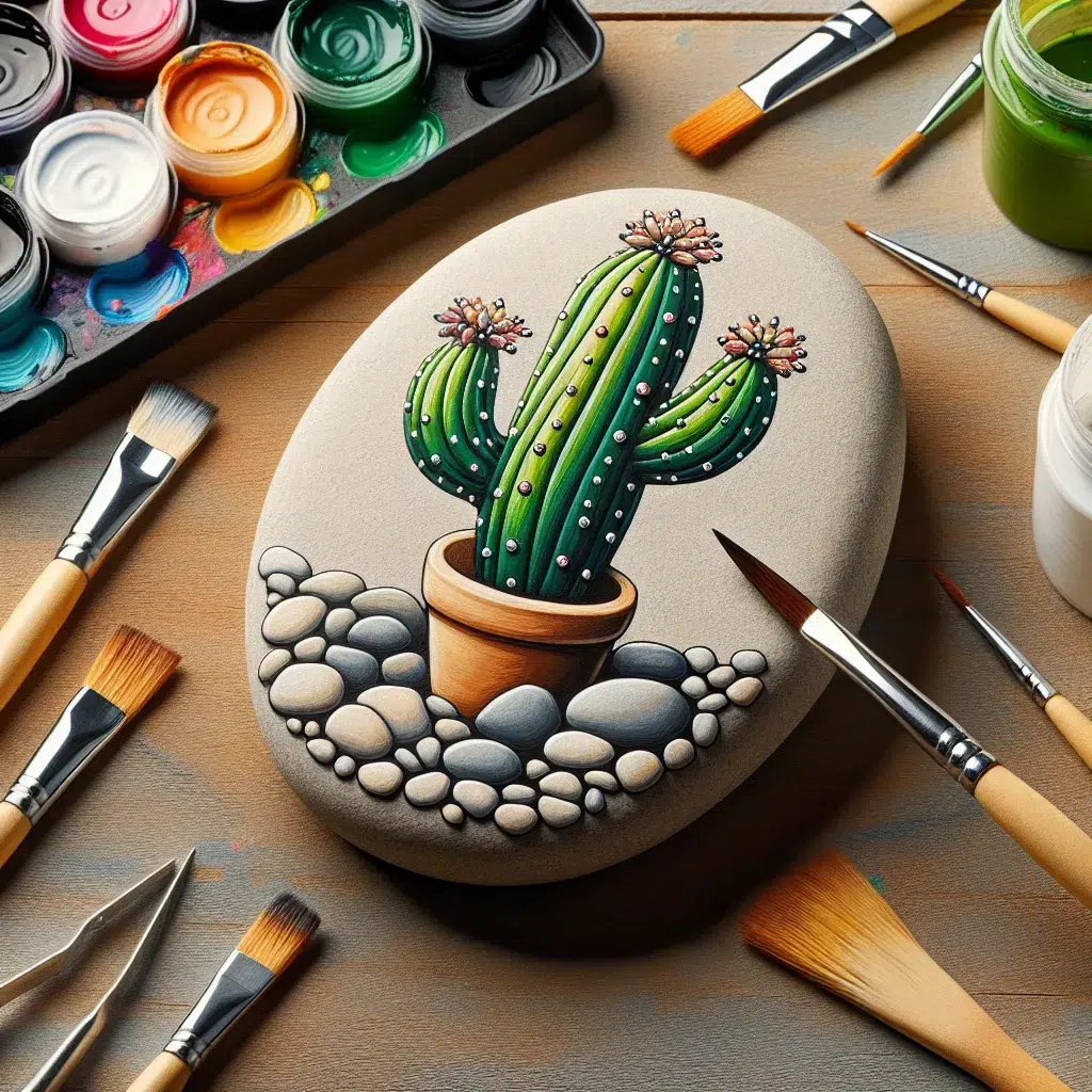 Imagen de piedras pintadas decoradas como cactus, en un paso a paso para manualidades.