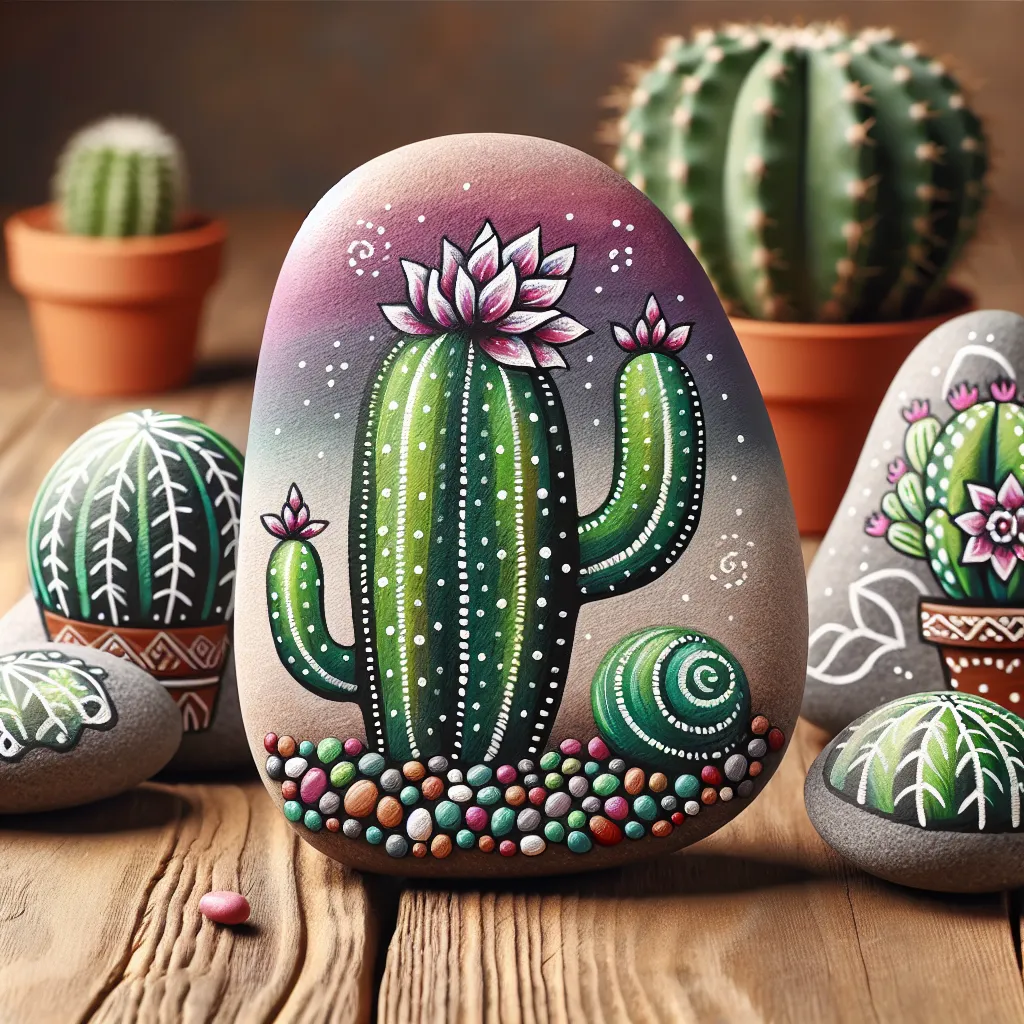 Imagen de piedras decorativas pintadas con diseño de cactus, ideal para decorar tu hogar.