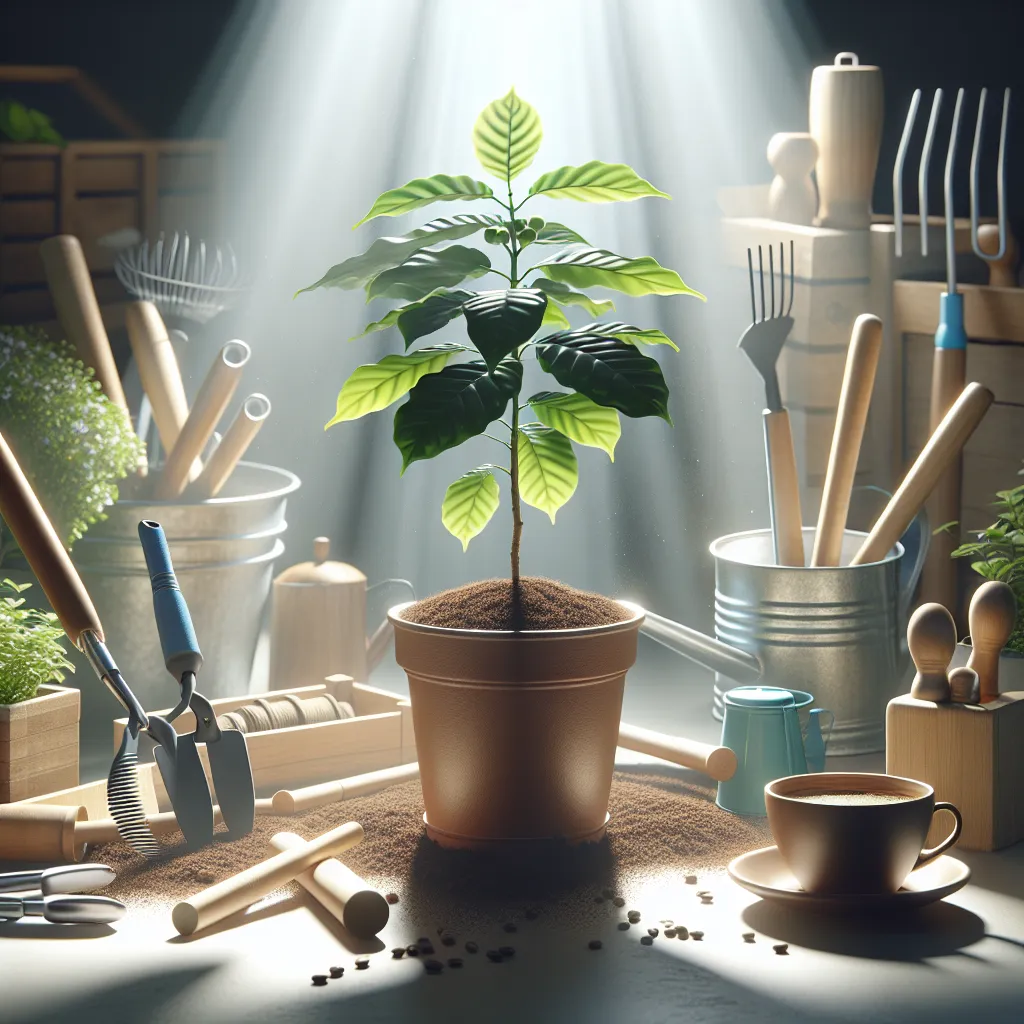 Imagen de una planta de café creciendo en una maceta, iluminada por la luz del sol y rodeada de herramientas de jardinería.