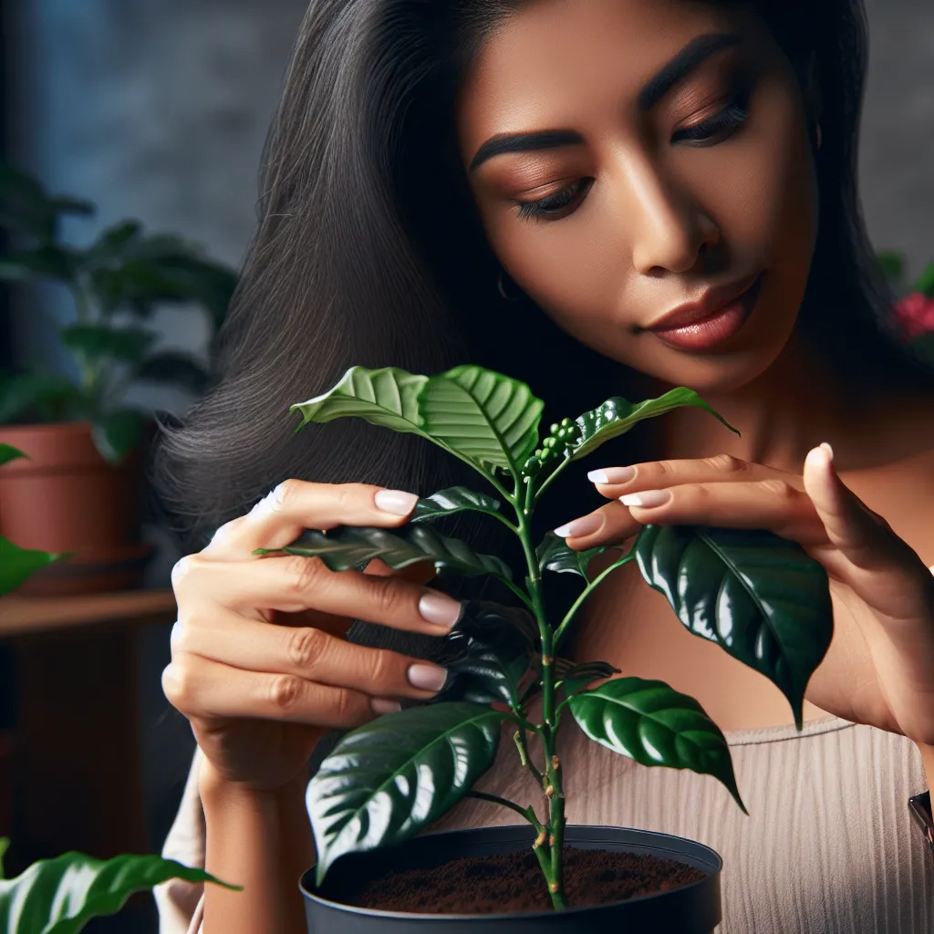 Imagen de una persona cuidando de una planta de café en una maceta, proporcionándole los cuidados necesarios para su crecimiento saludable.