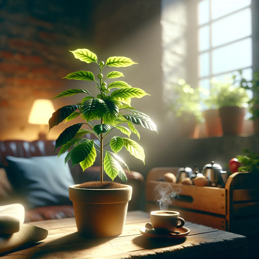 Imagen de una maceta con una planta de café saludable siendo cuidada en un ambiente acogedor.