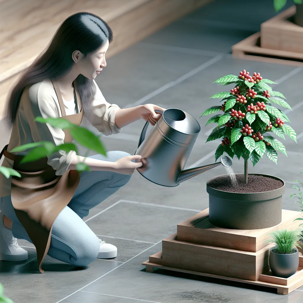Imagen de una persona regando una planta de café en una maceta, mostrando los cuidados esenciales para cultivar café en espacios reducidos.