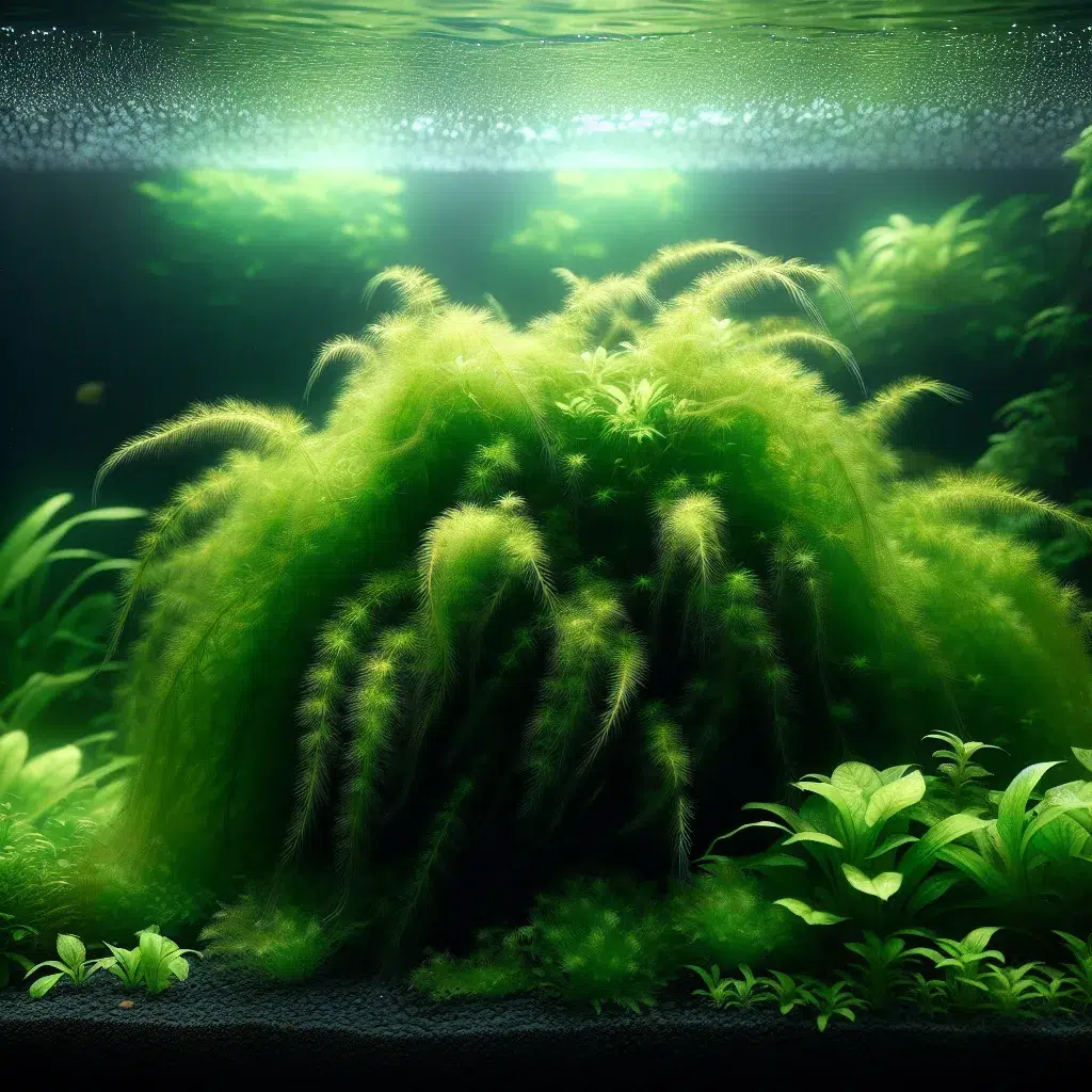 Imagen de Hemianthus Callitrichoides (HC Cuba) en un acuario con iluminación intensa y sustrato nutritivo, mostrando su exuberante crecimiento y color verde intenso.