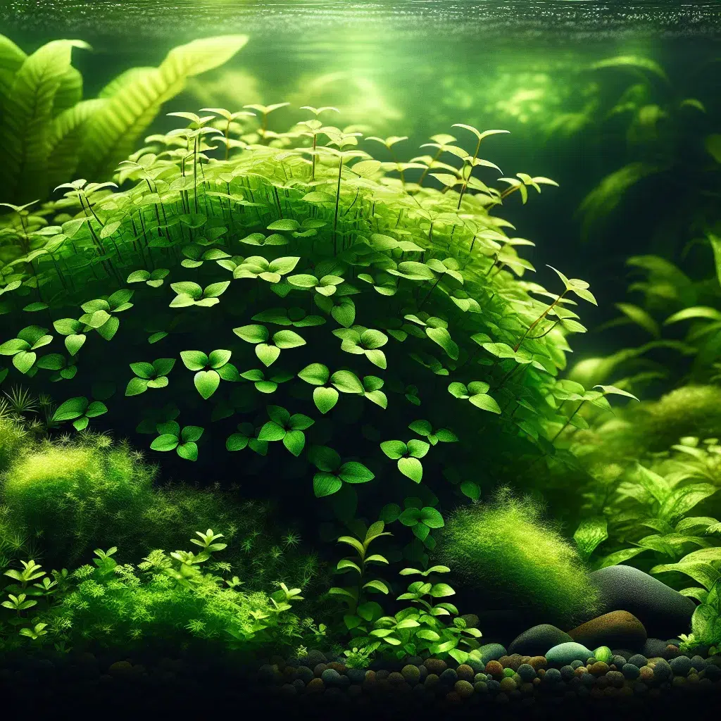 'Imagen de un acuario plantado con Hemianthus Callitrichoides (HC Cuba) mostrando su vibrante color verde intenso y delicadas hojas pequeñas'.