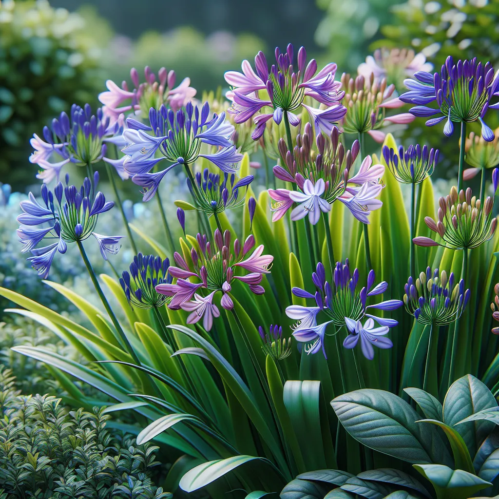 Hermoso agapanthus en plena floración, con flores de color vibrante y hojas verdes exuberantes en un jardín bien cuidado.