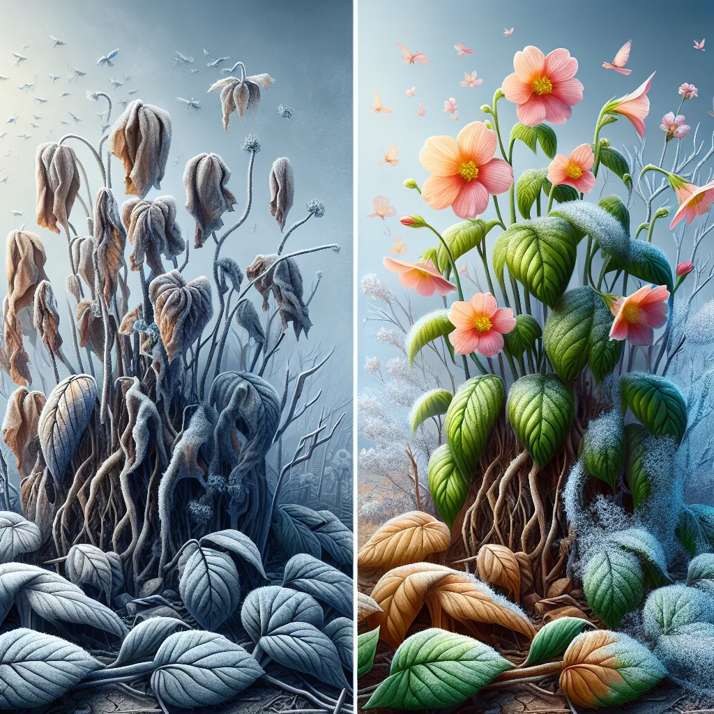 Imagen de plantas heladas con hojas marchitas para representar el tema de cómo revivir plantas afectadas por el frío y recuperar su vitalidad y flores