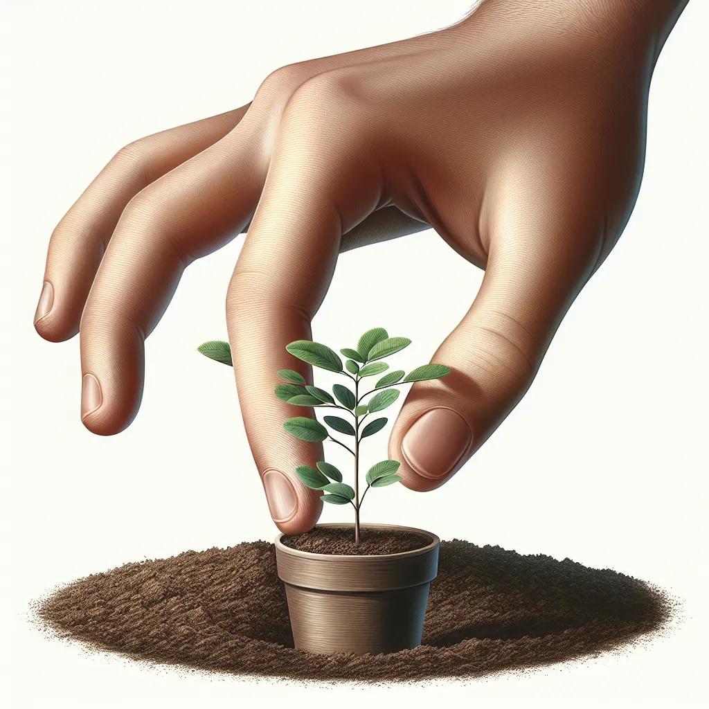 Imagen ilustrativa de una mano cuidadosamente sembrando una planta en una maceta, mostrando los pasos adecuados para el cuidado de las plantas.
