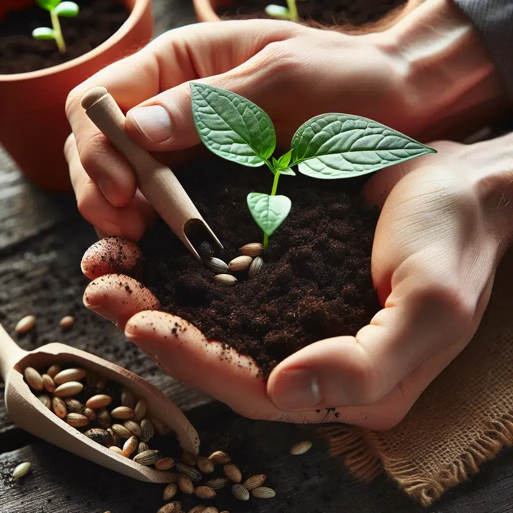 Imagen de manos plantando una semilla en una maceta, ilustrando el proceso de siembra y cuidado de una planta de manera correcta.