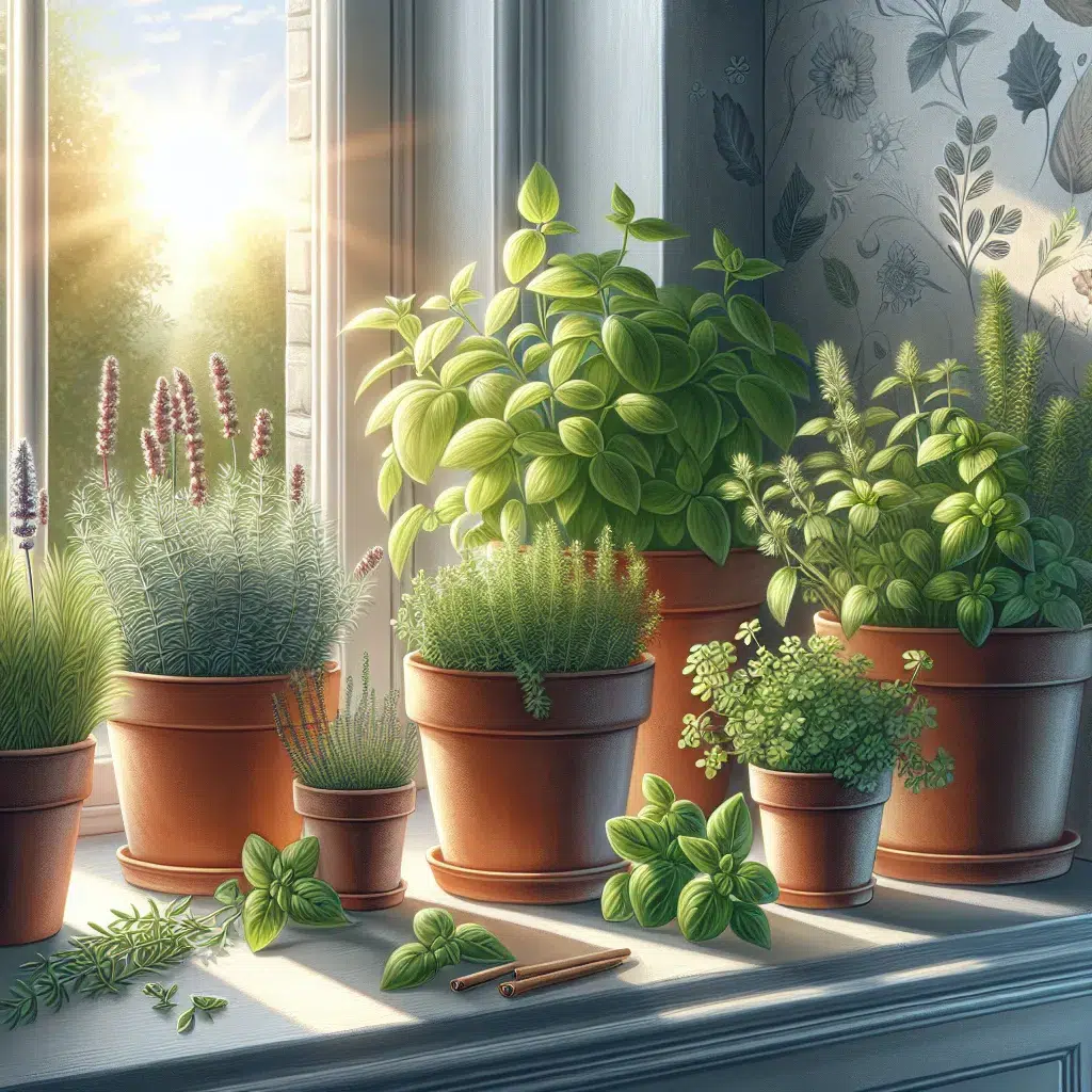 Imagen de una variedad de plantas aromáticas en macetas colocadas en una ventana soleada, listas para ser cultivadas en casa.