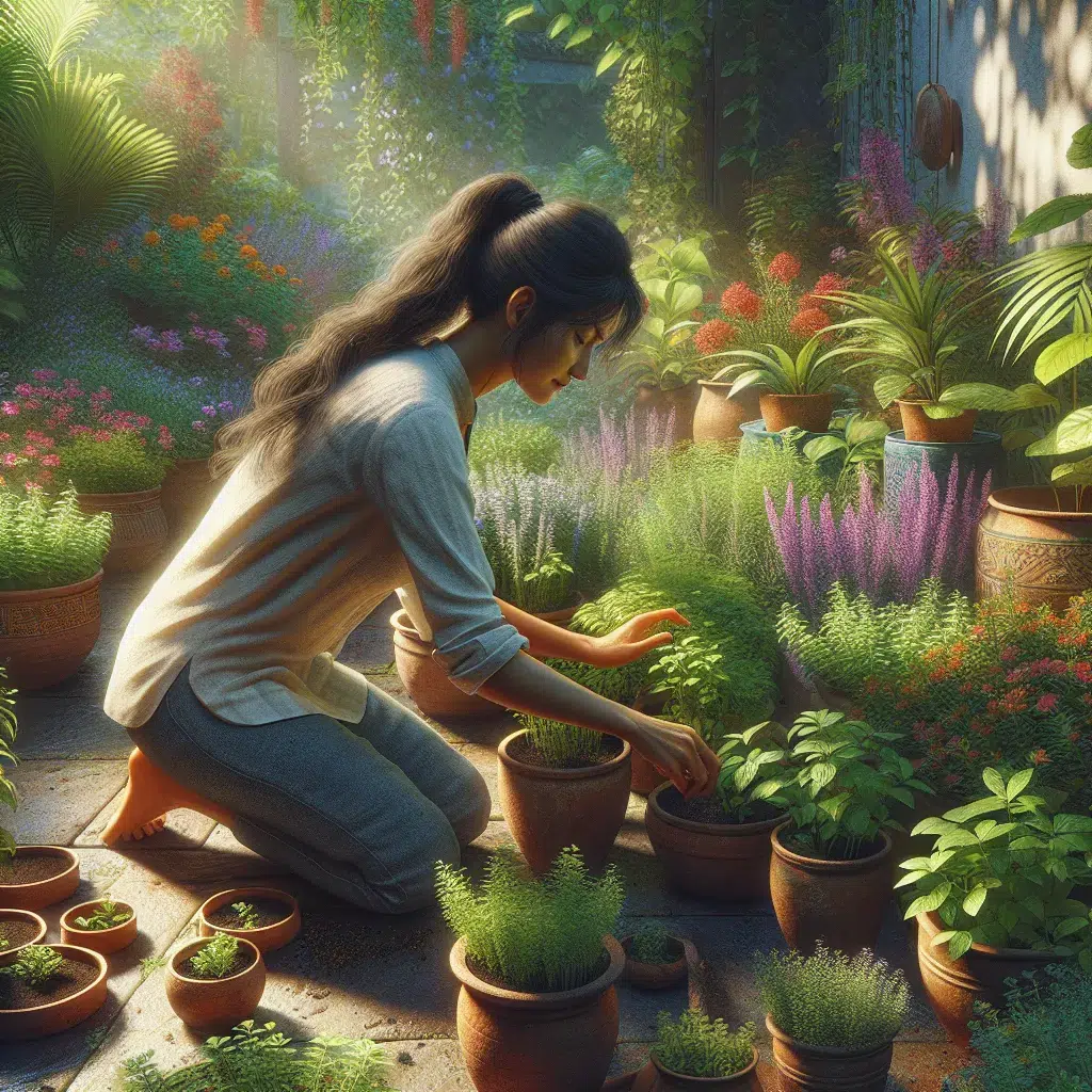 Imagen ilustrativa de una persona plantando hierbas aromáticas en macetas en un jardín doméstico.