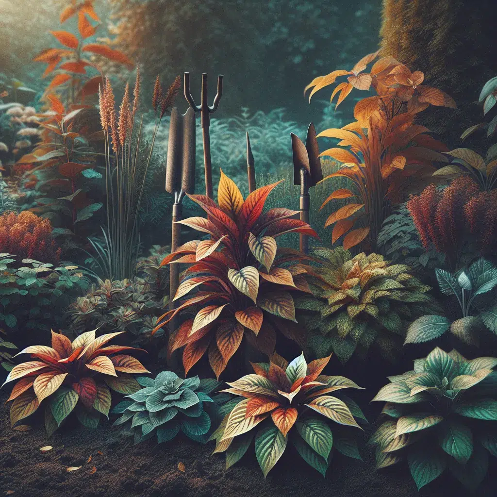 Imagen de plantas con hojas de colores otoñales en un jardín, representando los cuidados esenciales para las plantas en esta estación.