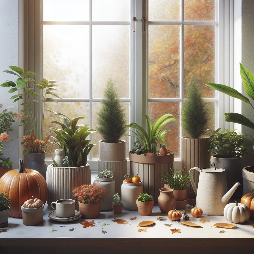 Imagen de una variedad de plantas de interior colocadas junto a una ventana, mostrando los cuidados necesarios para el otoño.