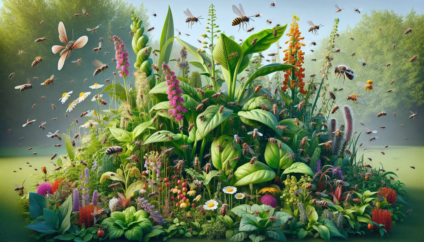 Imagen de diversas plantas de huerto rodeadas de insectos y plagas, destacando la utilidad de las plantas para repeler plagas de forma natural.