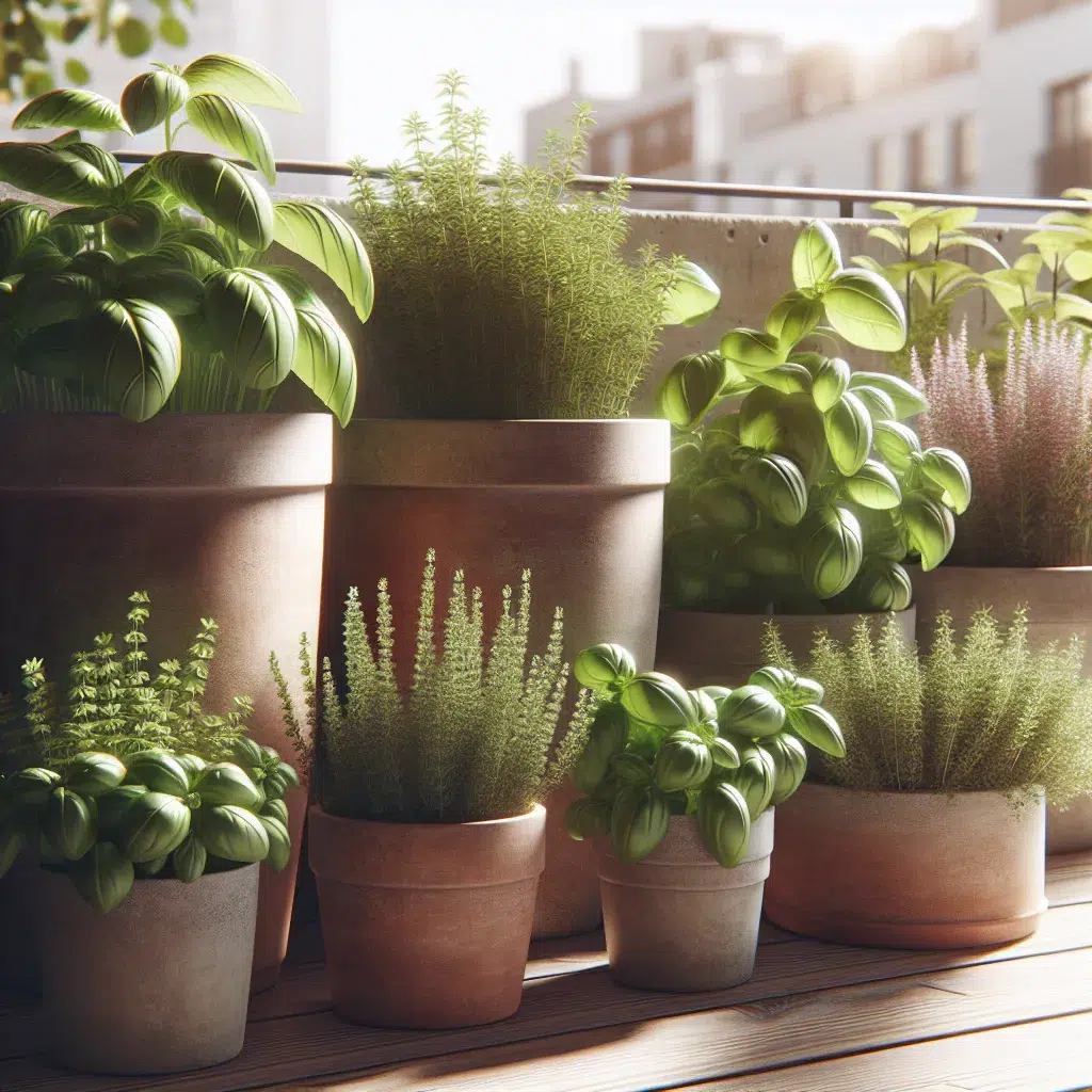 Imagen de varias macetas de plantas aromáticas en un balcón soleado, mostrando diferentes variedades como albahaca, menta y tomillo en crecimiento saludable.
