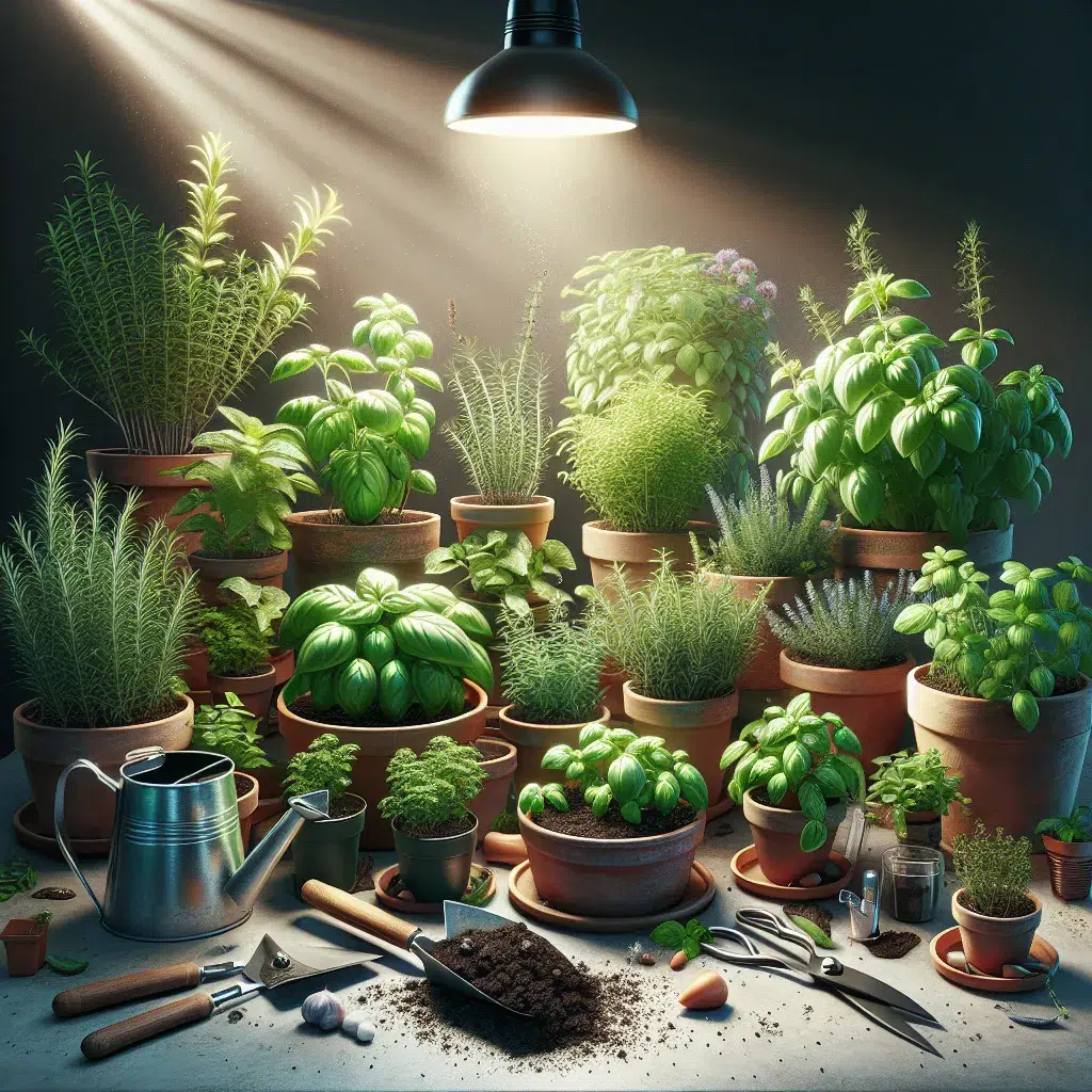 Imagen de una variedad de plantas aromáticas en macetas, mostrando cómo cultivarlas con éxito en espacios reducidos.