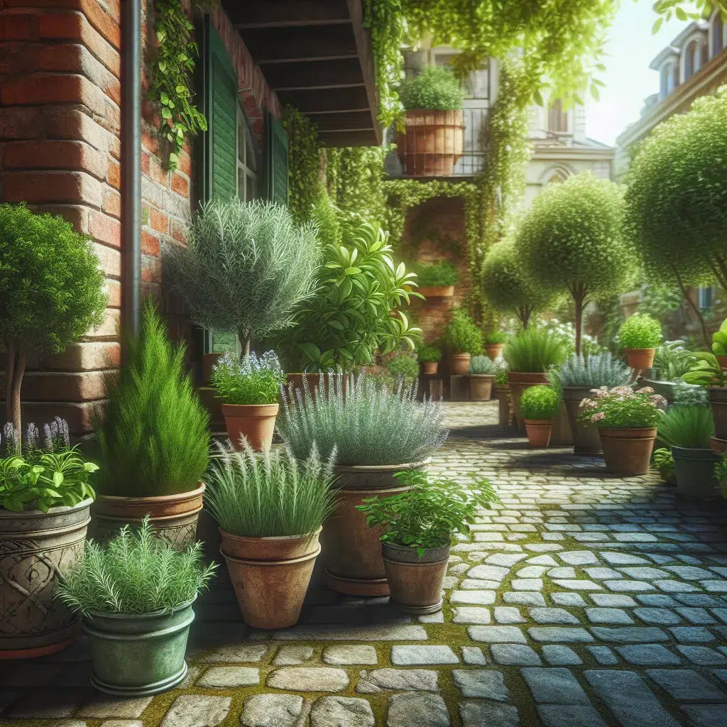 Imagen de una variedad de plantas aromáticas en macetas en un hermoso jardín urbano.
