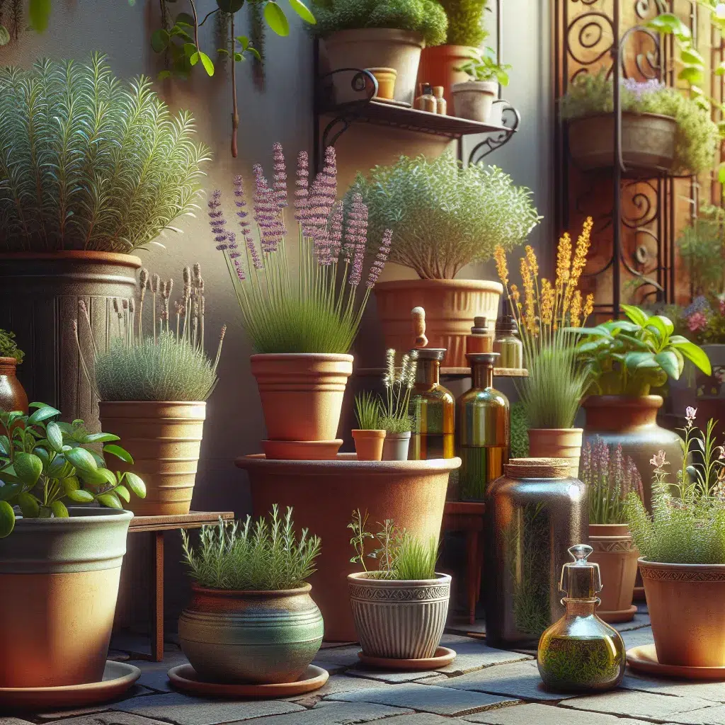 Imagen de macetas con variedad de plantas aromáticas en un jardín urbano