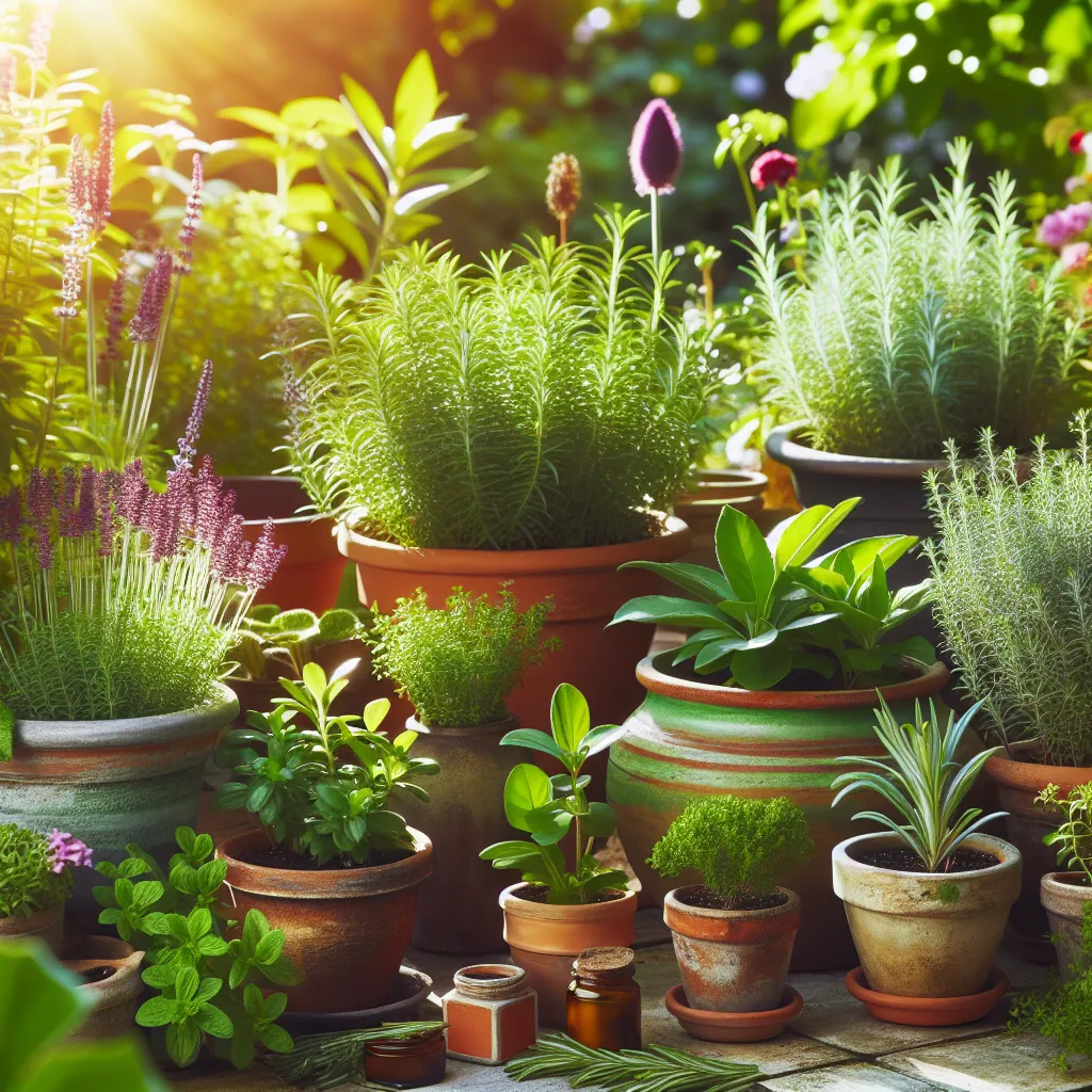 Imagen de varias macetas con plantas aromáticas en un jardín soleado, con colores vibrantes y saludables, resaltando la belleza y diversidad de las plantas cultivadas en macetas.