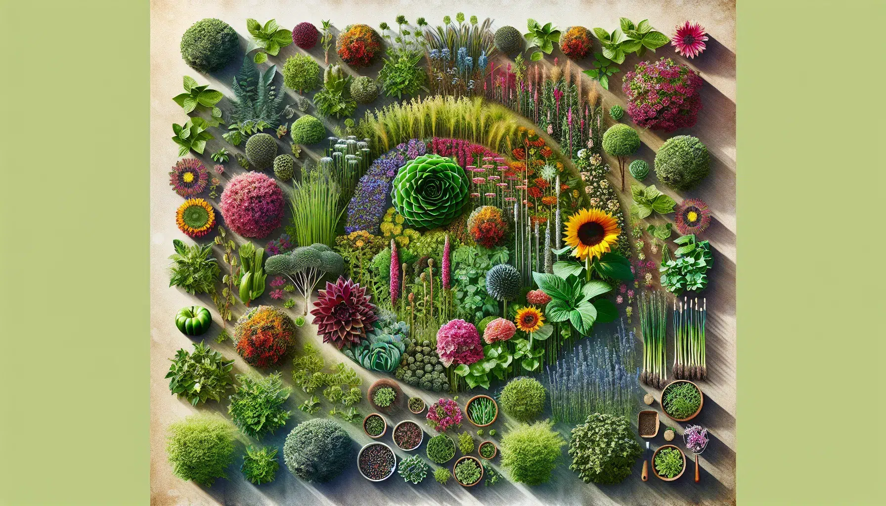 Imagen de un huerto sostenible con plantas perennes saludables y coloridas, mostrando variedad y armonía en el cultivo.