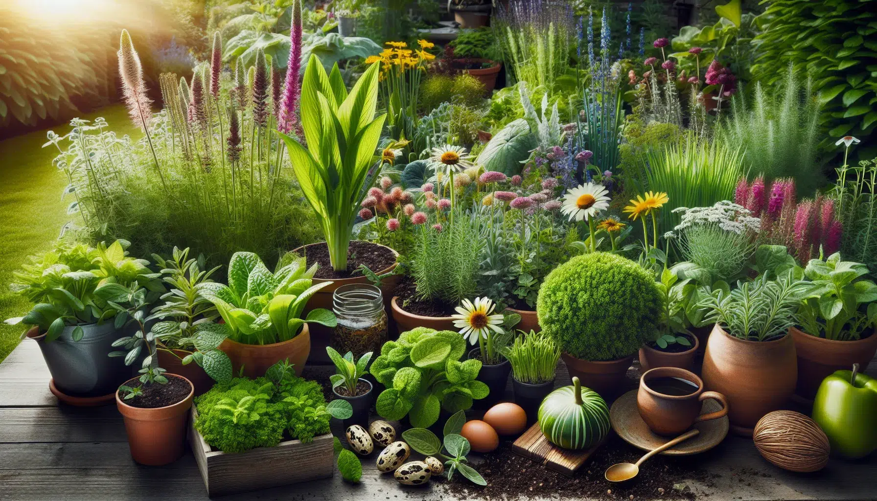 Imagen de diferentes plantas perennes en un huerto, destacando su papel beneficioso en la sostenibilidad del jardín.