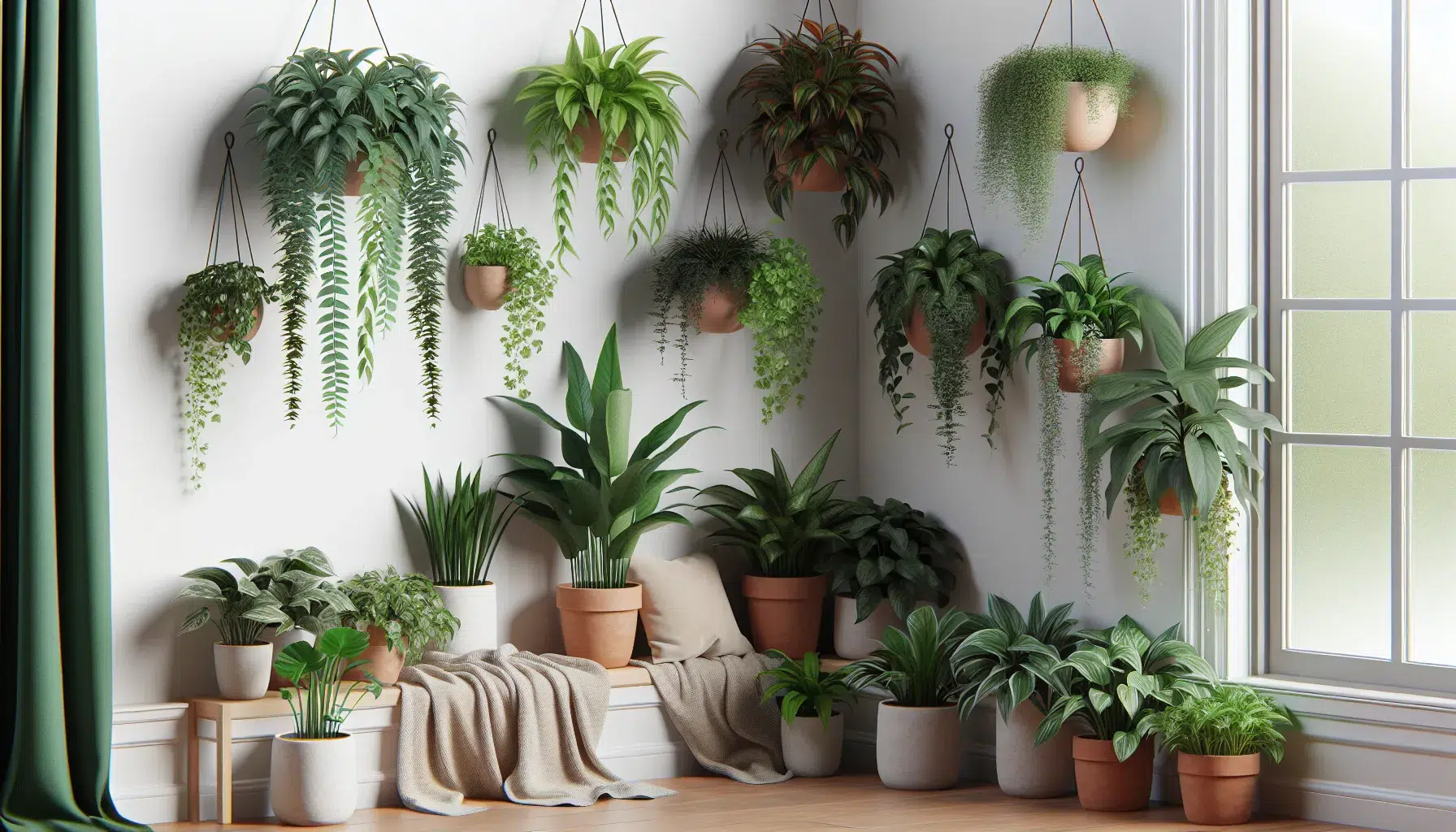 Imagen de un rincón acogedor con siete variedades de plantas colgantes de interior, resaltando su belleza y fácil mantenimiento.