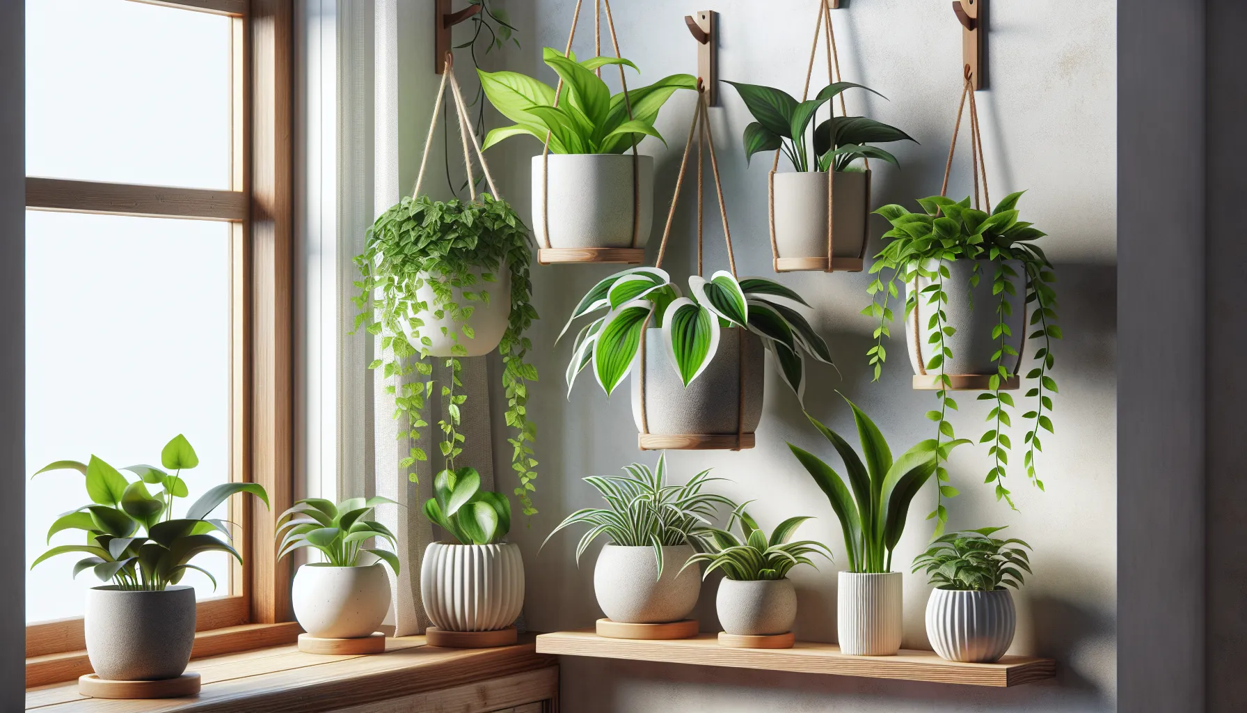 Imagen de siete plantas colgantes de interior en macetas blancas, ubicadas en una repisa junto a una ventana, con hojas verdes y saludables.