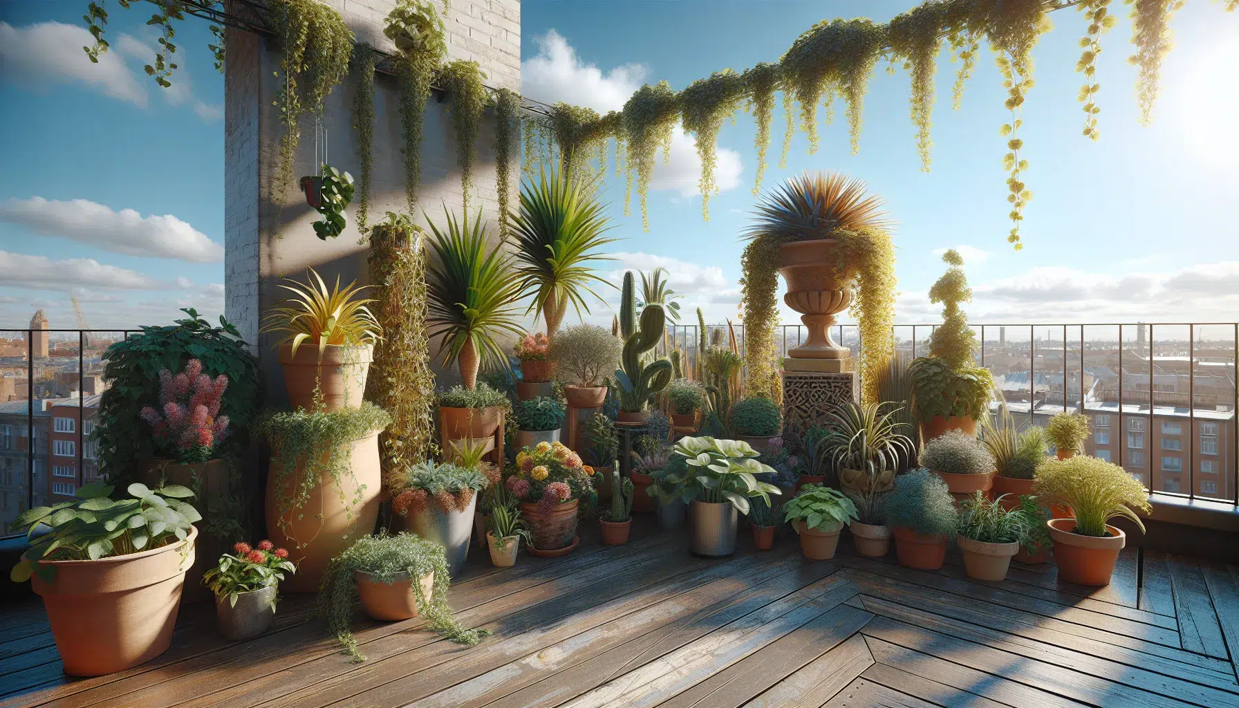 Variedad de plantas en macetas decorando una terraza al aire libre en un día soleado.