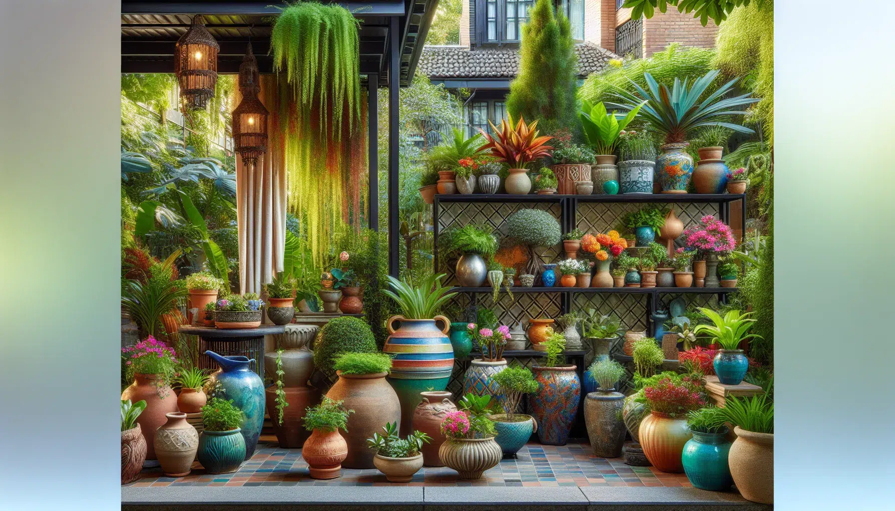 Terraza al aire libre decorada con plantas y macetas de colores vibrantes y variedad de formas y tamaños.