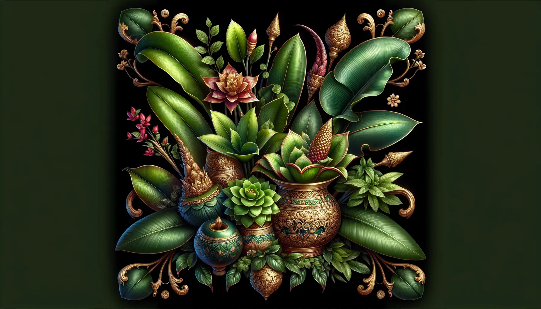 Imagen de varias plantas decorativas con hojas verdes y brillantes, ideales para atraer prosperidad y buena fortuna a tu hogar.