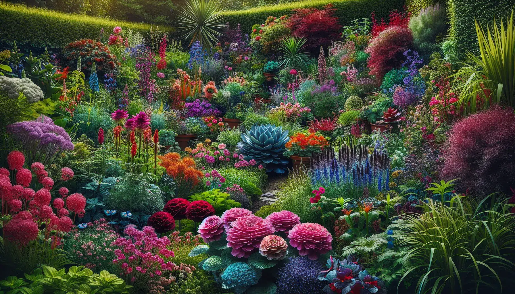Imagen de un jardín colorido y armonioso con una variedad de plantas ornamentales, resaltando la belleza y diversidad de especies para decorar tu espacio exterior.