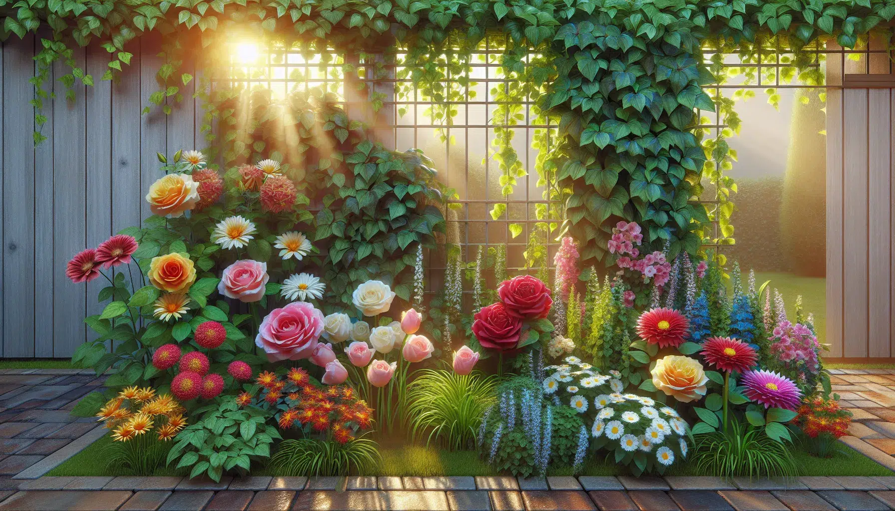 Imagen de diferentes plantas ornamentales coloridas y variadas en un jardín bien cuidado.