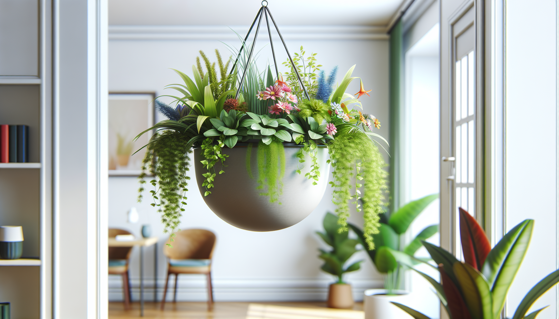 Maceta colgante con variedad de plantas verdes y flores coloridas, decorando un espacio interior luminoso.