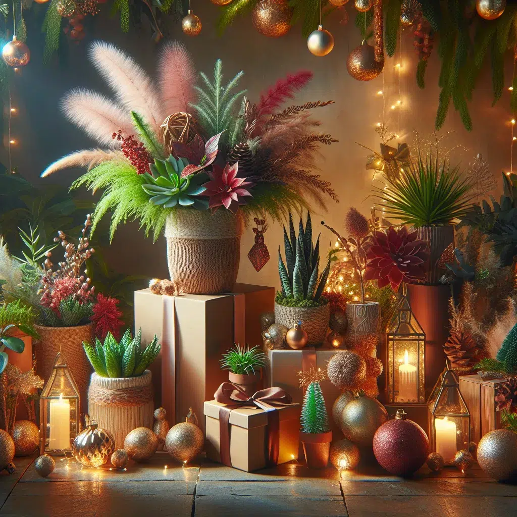 Fotografía de diversas plantas decorativas y festivas ideales para regalar en Navidad.