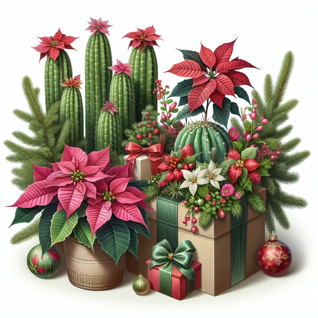 Imagen de varias plantas navideñas decorativas como poinsettias y cactus de Navidad, ideales para regalar en estas fiestas.