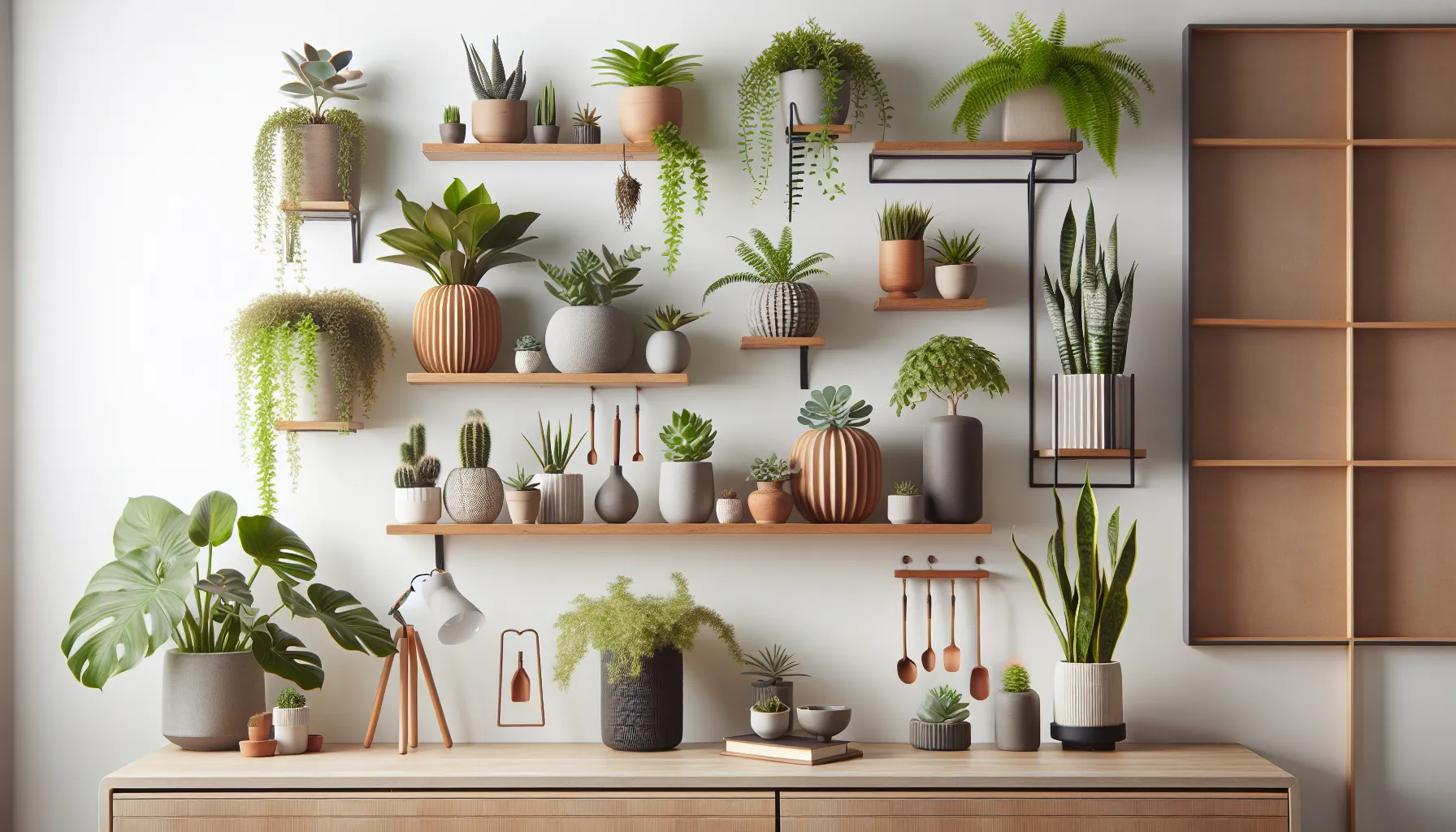 Imagen de una variedad de plantas de interior colocadas en estantes, ideal para espacios pequeños
