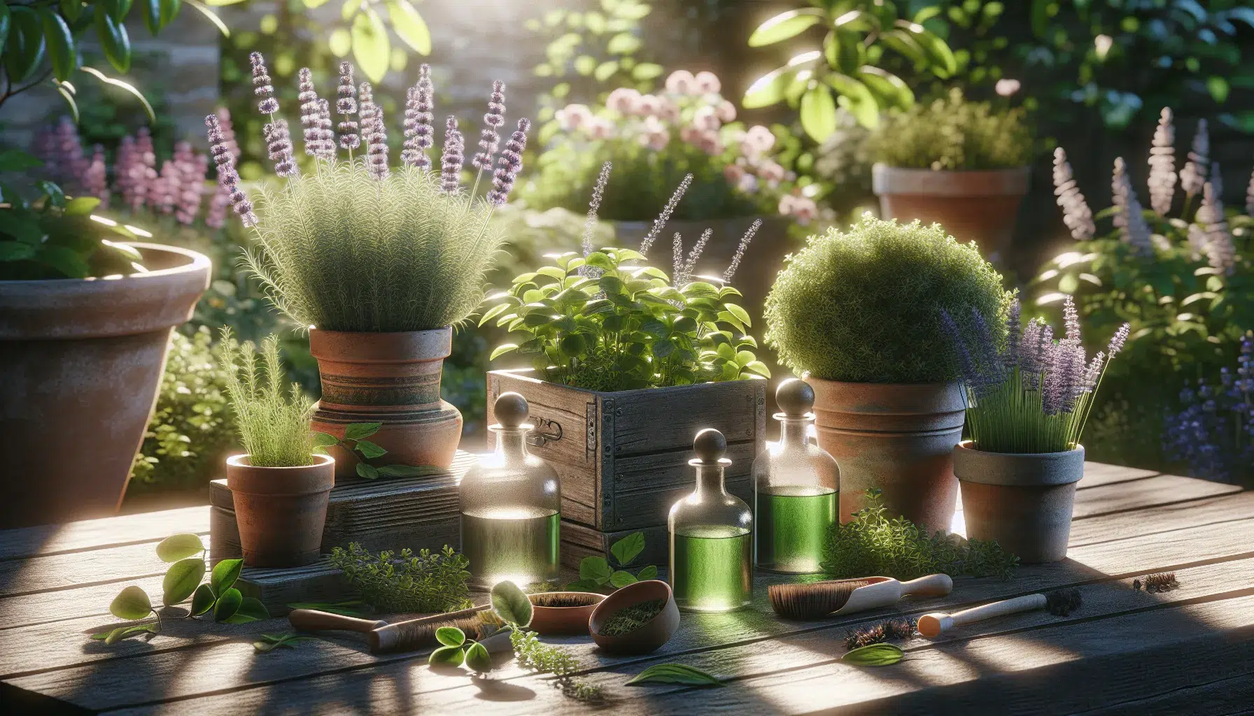 Imagen de cuatro plantas aromáticas en macetas colocadas en un jardín soleado, utilizadas para crear perfumes naturales en el exterior.