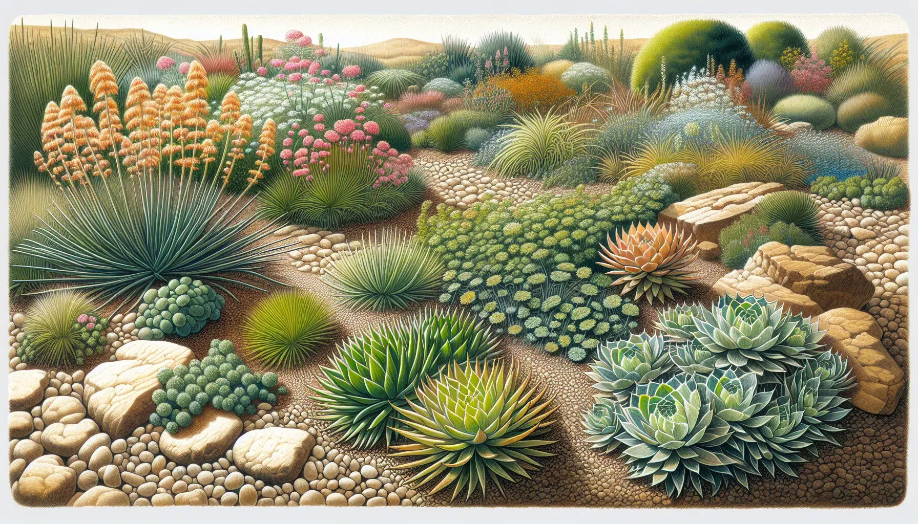Imagen ilustrativa de diversas plantas tapizantes en un jardín seco, mostrando su resistencia a la sequía.