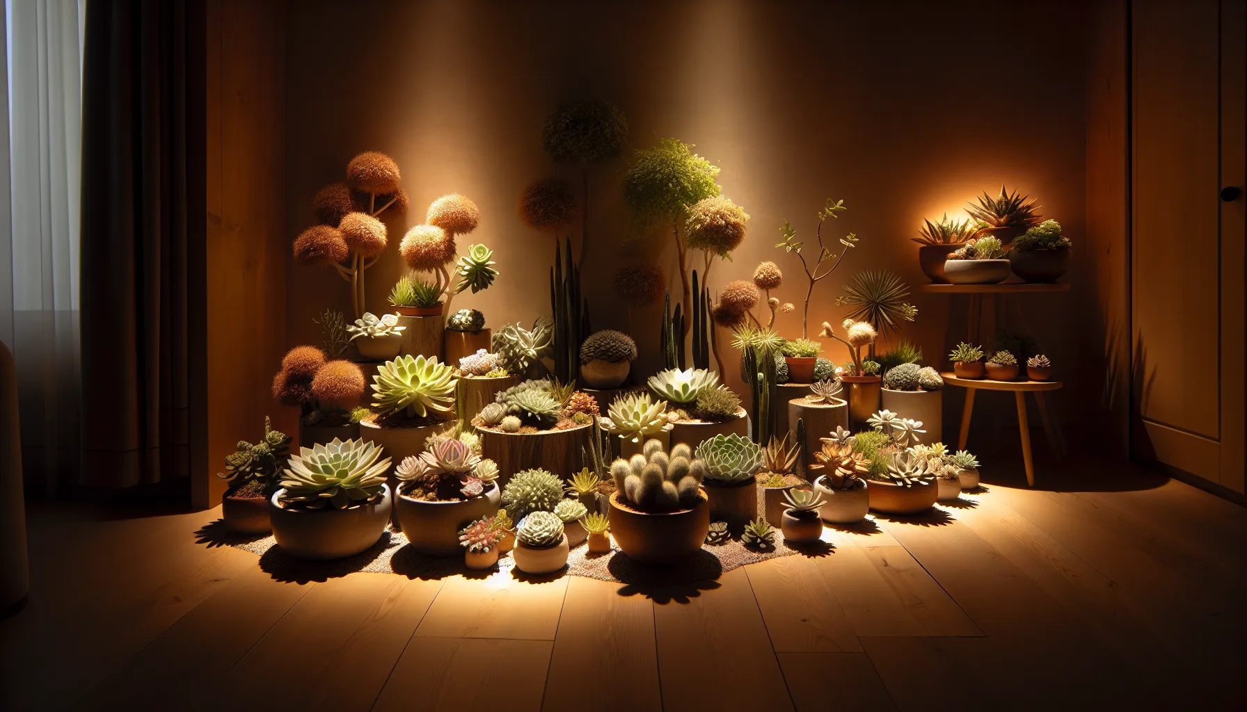 Foto de diferentes plantas suculentas de interior decorando un ambiente acogedor y bien iluminado.