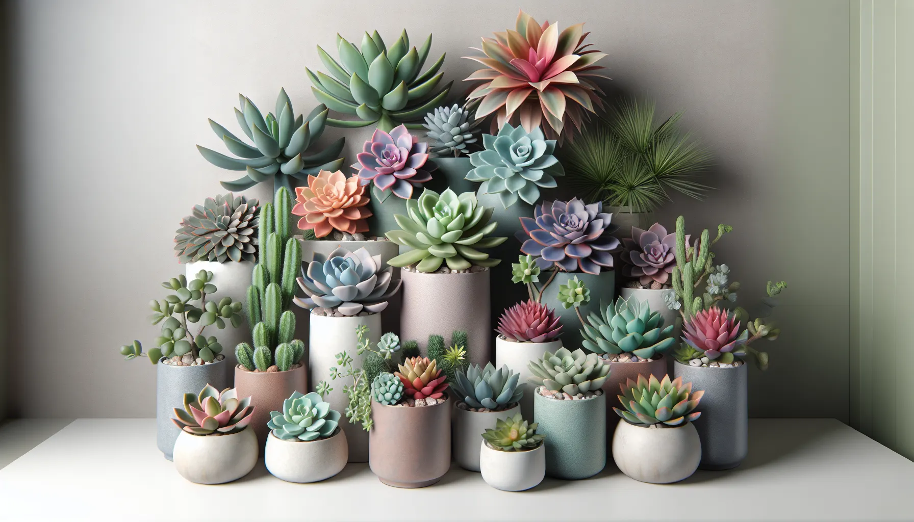 Imagen de varias plantas suculentas de interior dispuestas en macetas y con diferentes formas y colores, perfectas para decorar tu hogar y fáciles de cuidar.