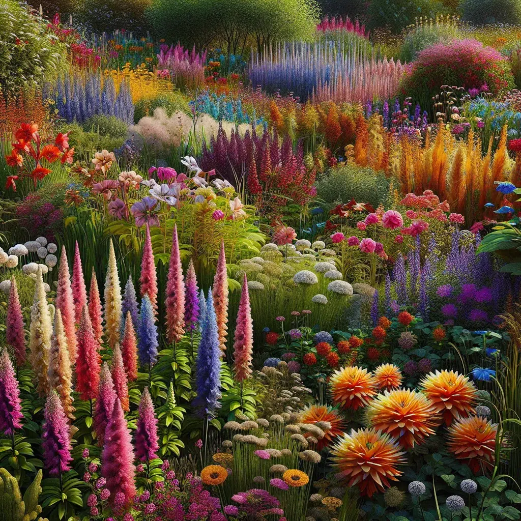 Foto de un jardín lleno de plantas vivaces en pleno florecimiento, con una gran variedad de colores y formas que alegran el espacio exterior.