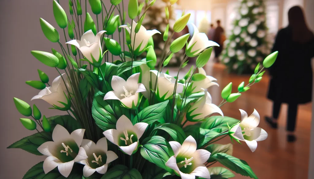 Imagen de una Campanilla china con hojas verdes y flores blancas en un ambiente luminoso y bien cuidado'