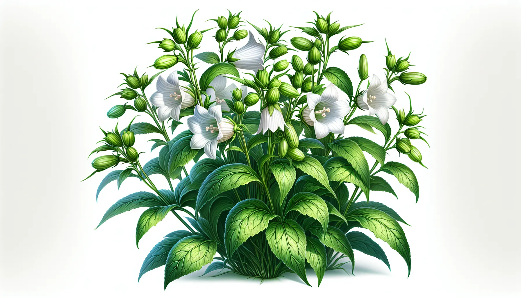 Imagen de una hermosa planta Campanilla china en pleno crecimiento, mostrando sus delicadas flores blancas y sus hojas verdes brillantes, como ejemplo de cuidado adecuado según el artículo.