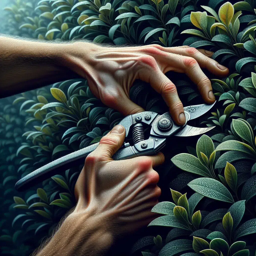 Imagen de unas manos utilizando tijeras de podar para realizar una poda cuidadosa en un arbusto.