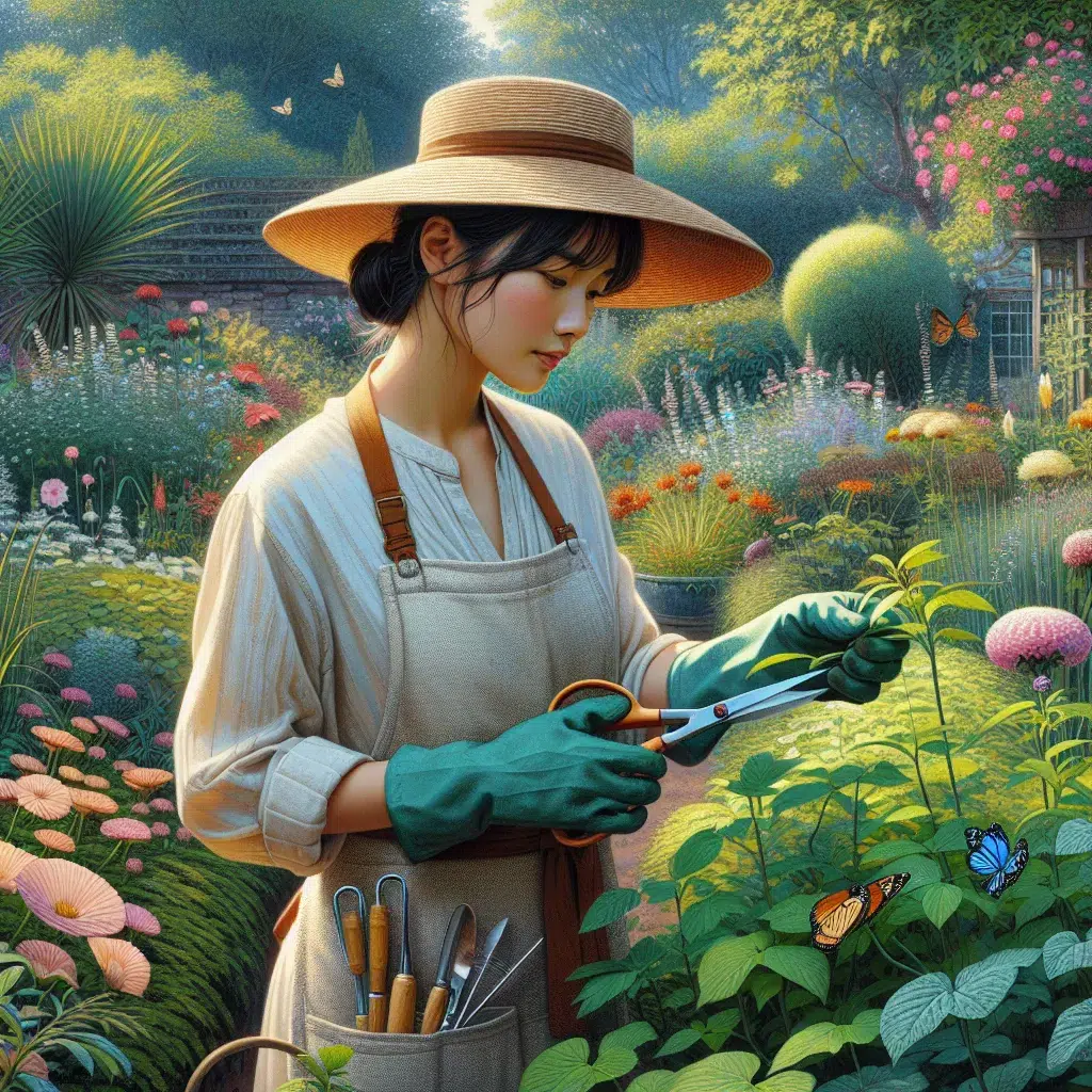 Imagen ilustrativa de una persona podando cuidadosamente una planta en un jardín.