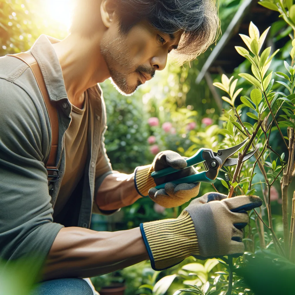 Imagen de un jardinero podando cuidadosamente una planta, demostrando técnicas adecuadas para favorecer su crecimiento y salud.