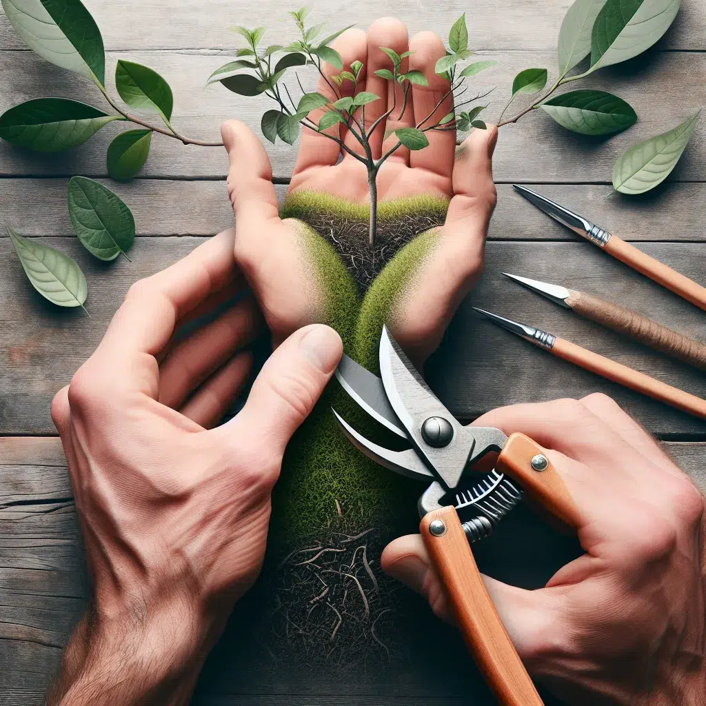 Imagen de manos cuidadosas podando una planta con tijeras de jardín, demostrando técnicas adecuadas de poda para fomentar un crecimiento saludable.